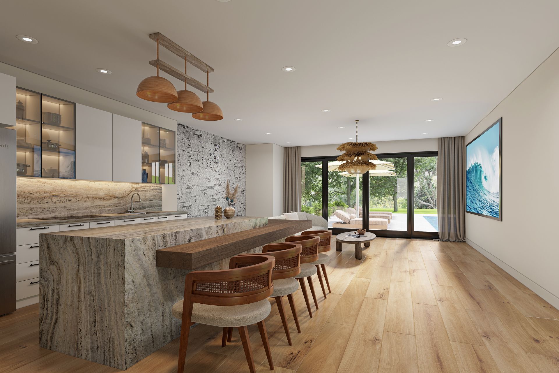 Modern kitchen with island, bar stools, and open living space with a pool view.