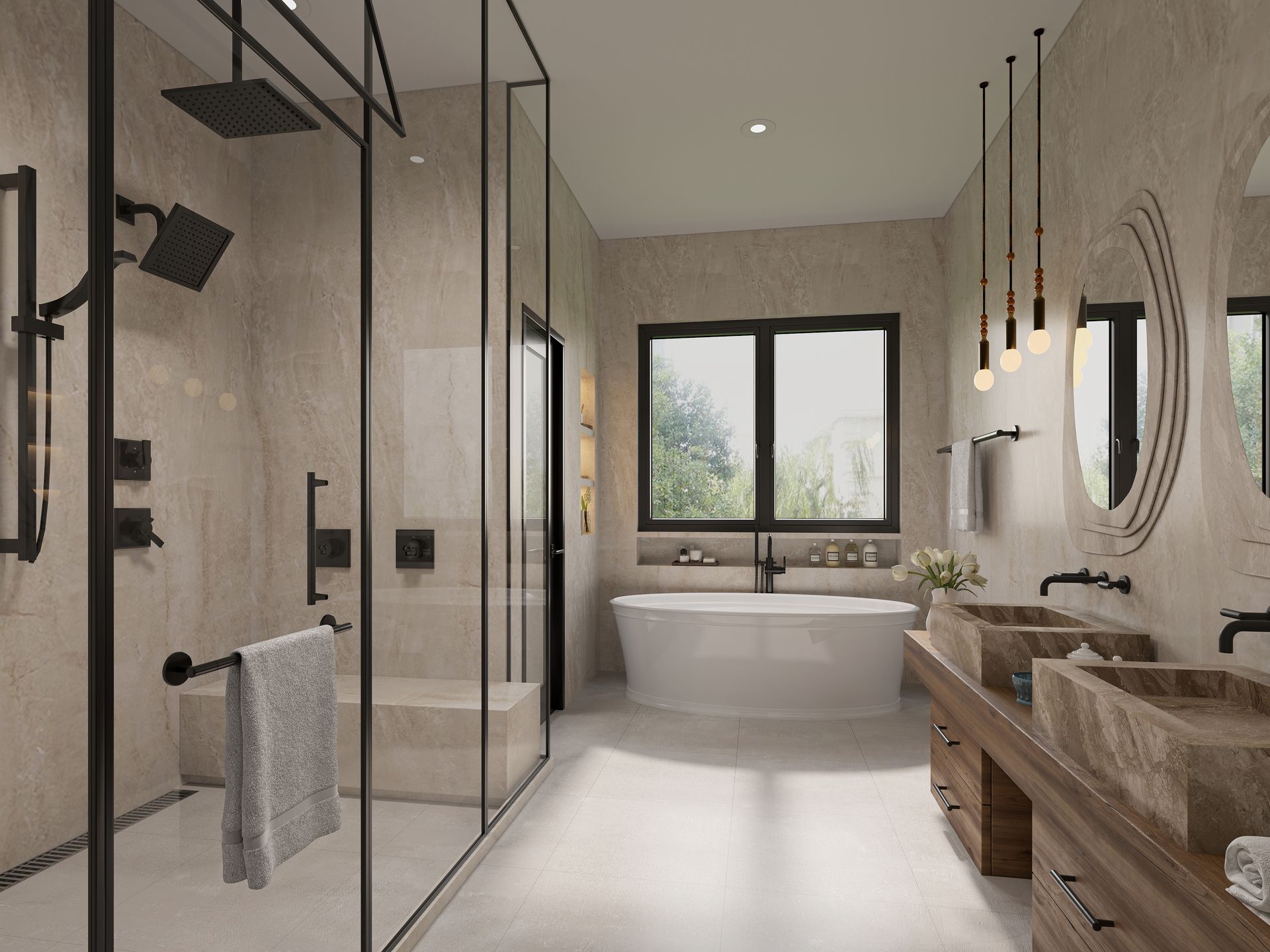 Modern bathroom with glass shower, soaking tub, double vanity, black fixtures, neutral tones.