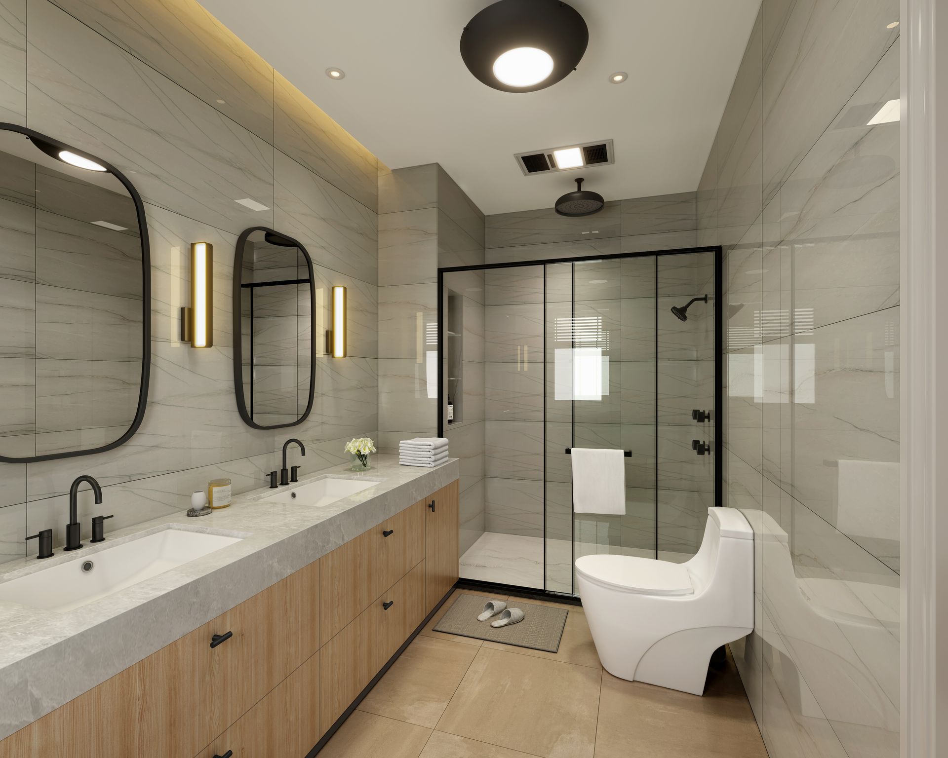 Modern bathroom with double sinks, large mirror, and glass shower enclosure. Light wood cabinets and tiled walls.