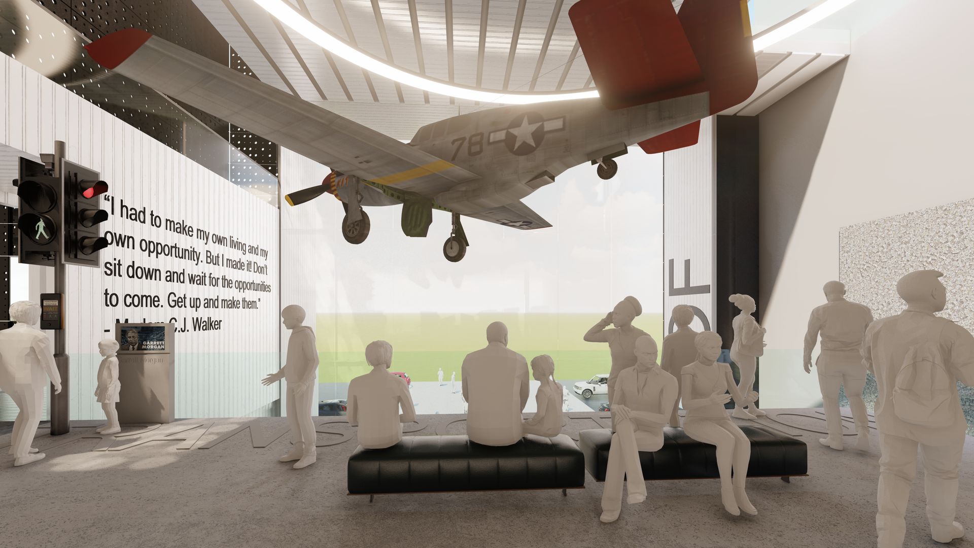 Museum exhibit with plane hanging, people viewing, and text on wall.