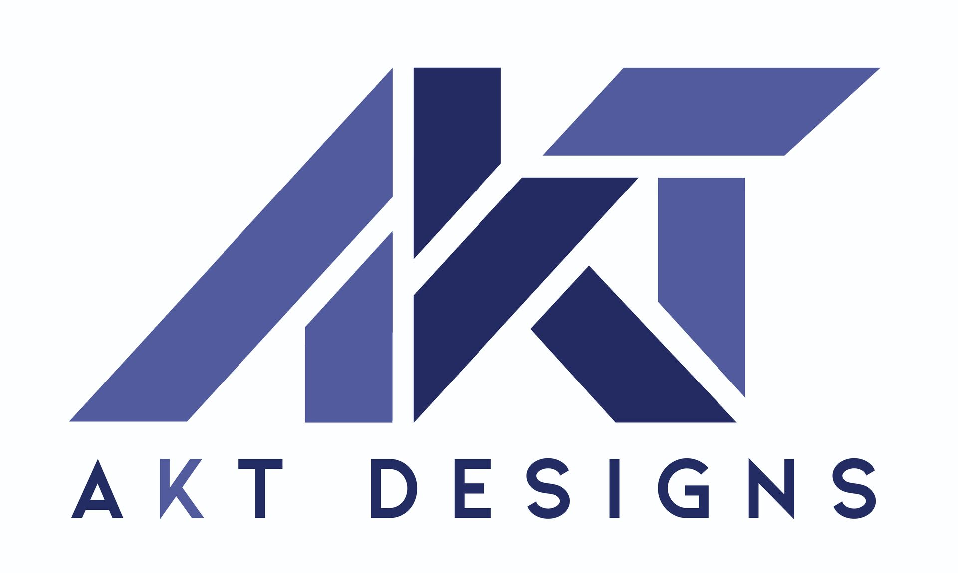 Logo for AKT Designs; blue geometric letters, 