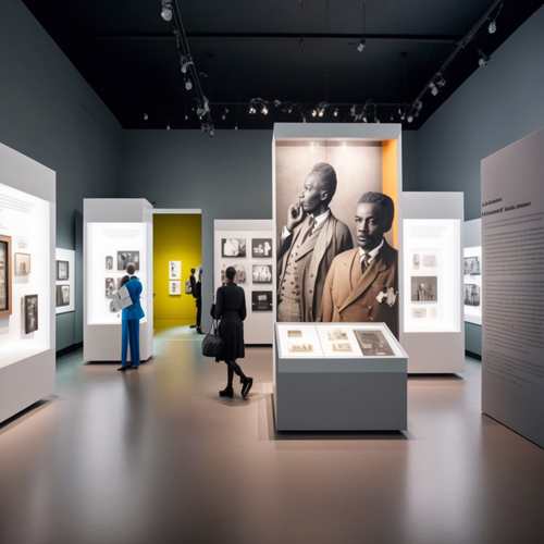 Museum exhibit with photos and portraits, people viewing displays, neutral colors.