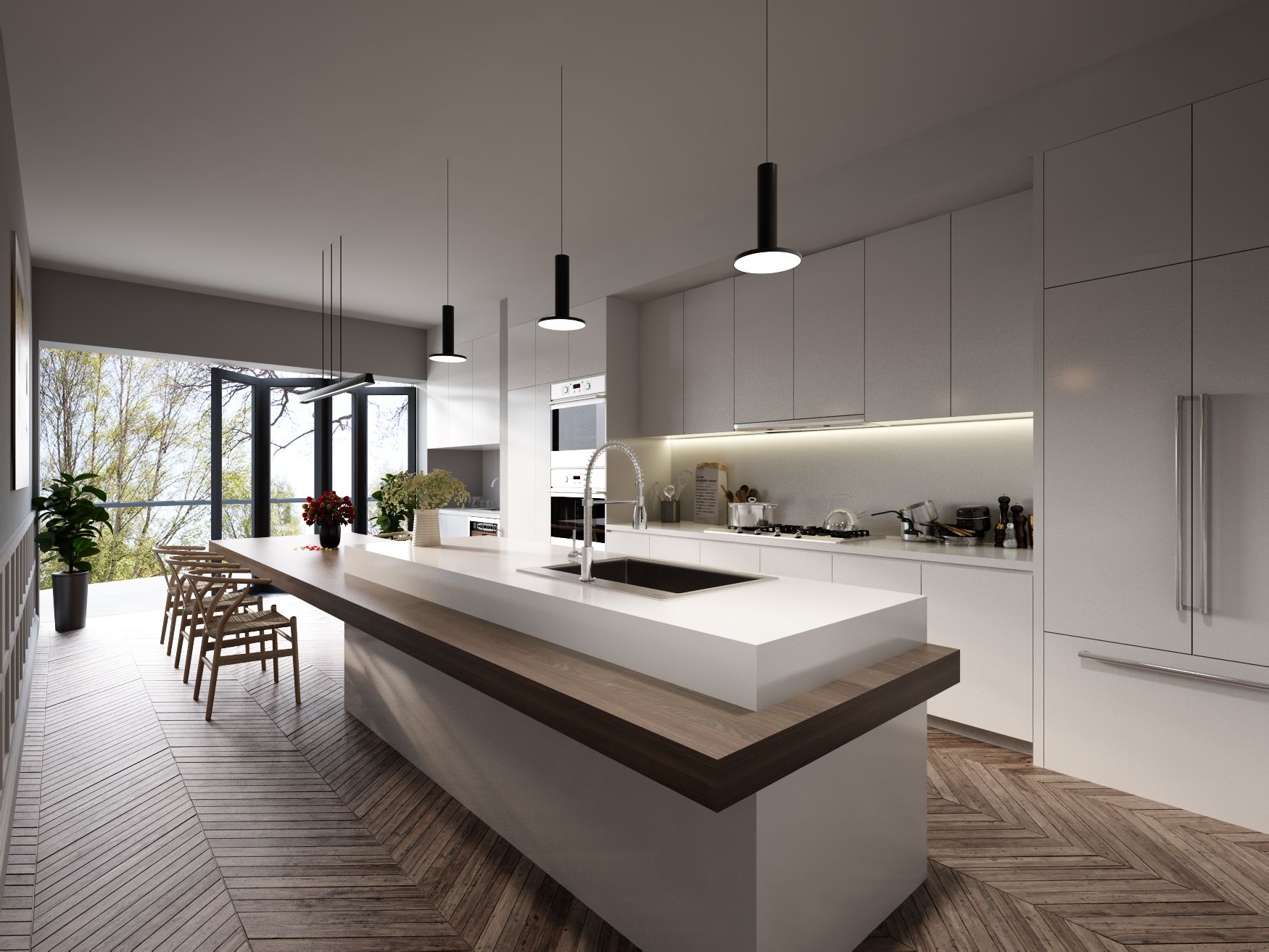 Modern white kitchen with island, wood flooring, black pendant lights, and large windows.
