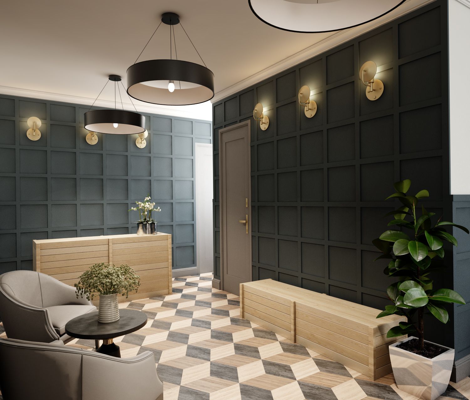 Stylish lobby with seating, wooden accents, and geometric patterned floor. Dark walls, pendant lights, and potted plant.