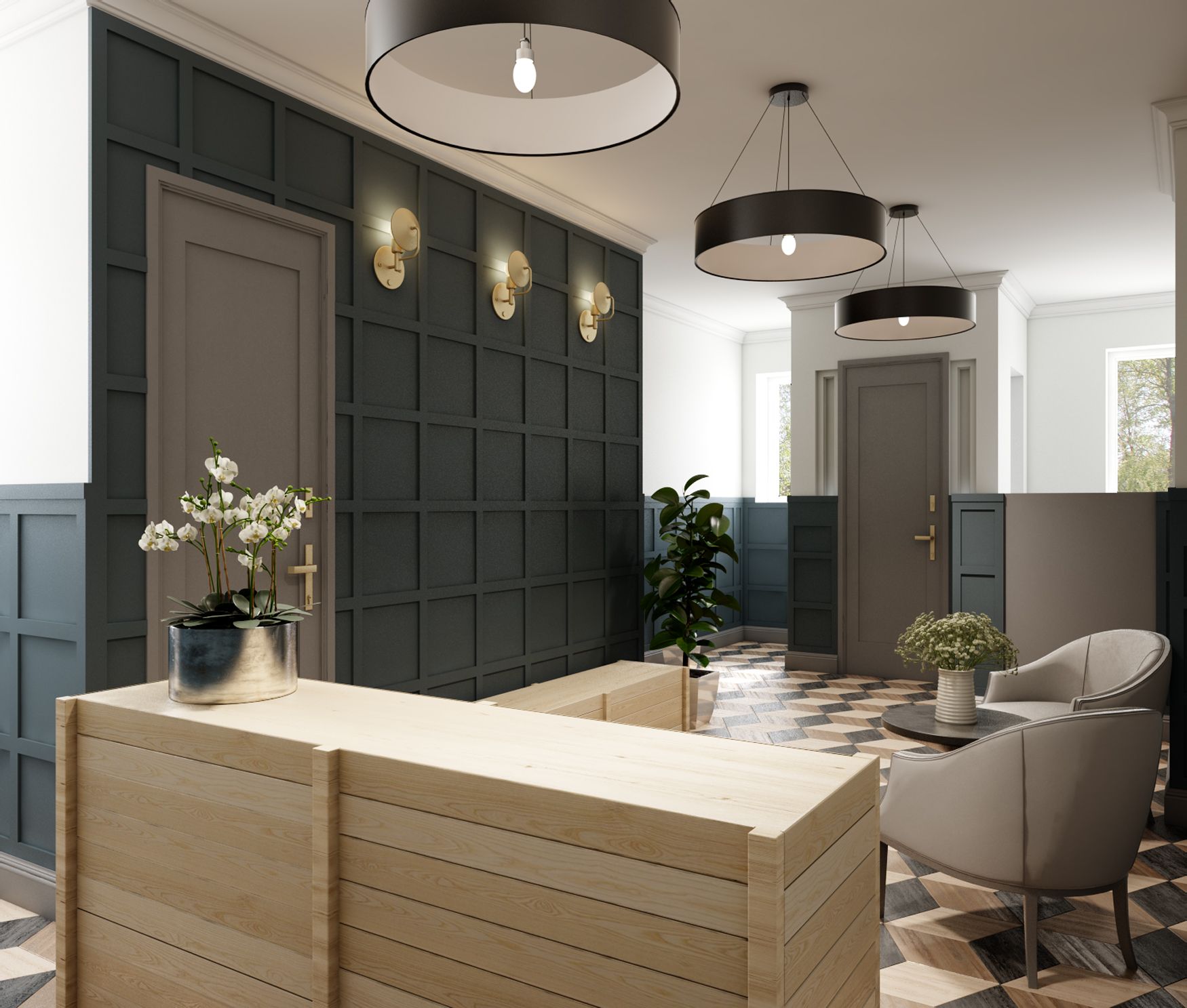 Reception area with a light wood desk, dark blue paneled wall, and gray chairs.