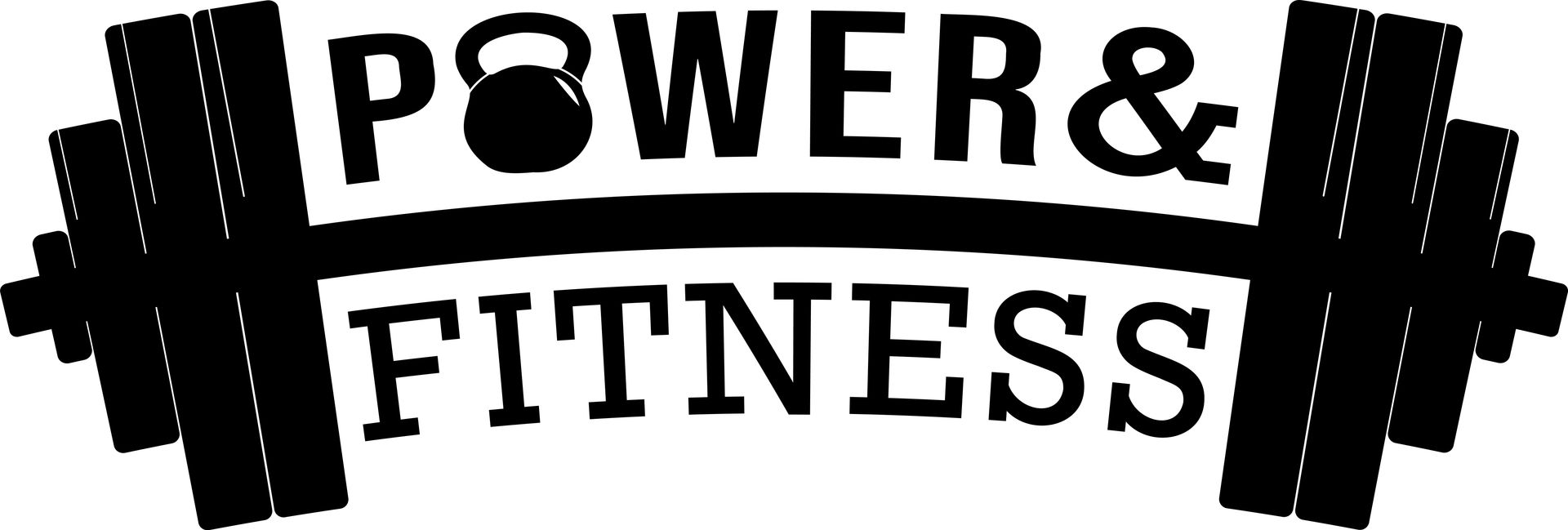 Black-and-white Power & Fitness logo with a barbell and bold text