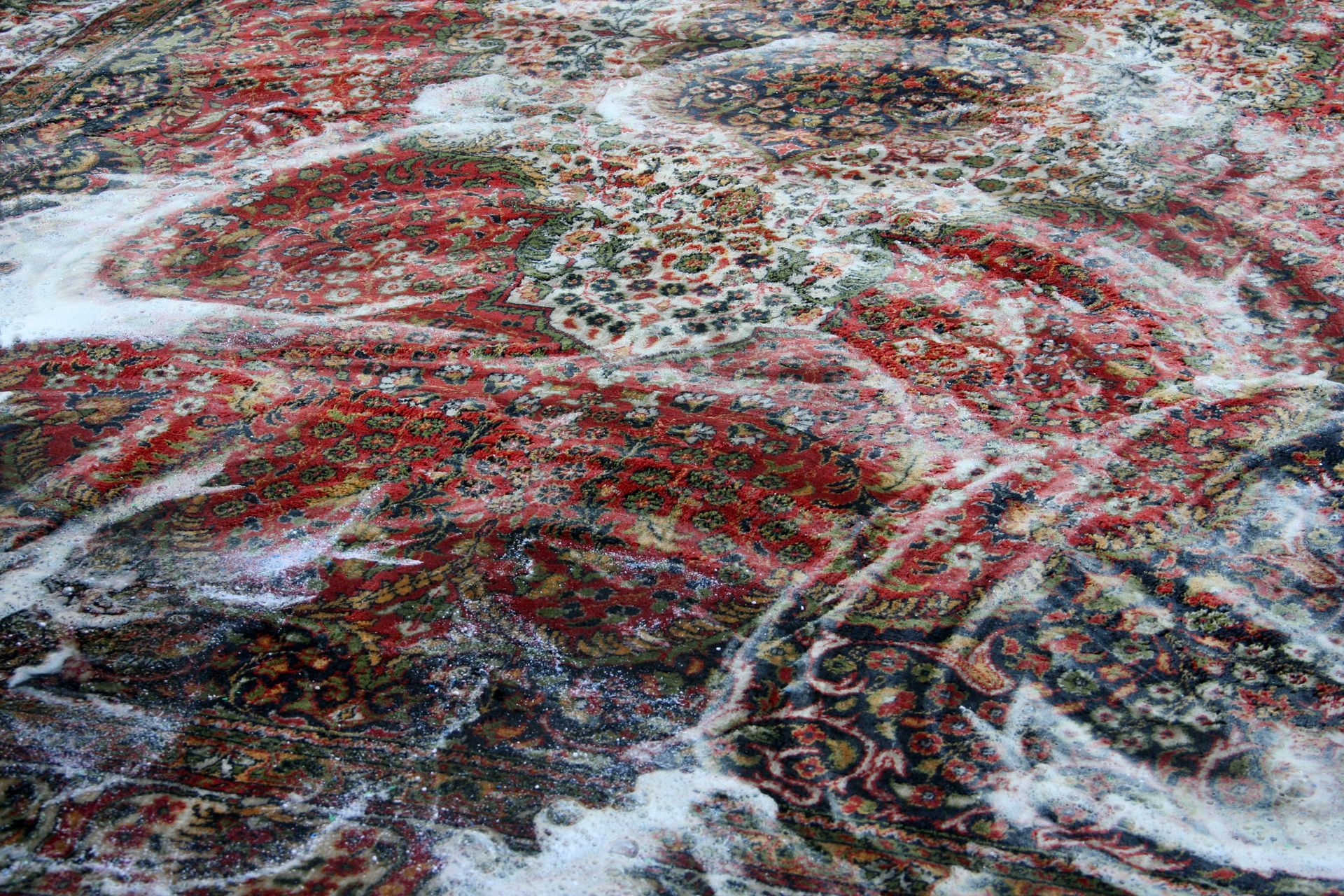 Se limpia una alfombra con agua y jabón.