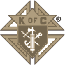 K of C emblem with gold cross, star, and anchor on a brown diamond background