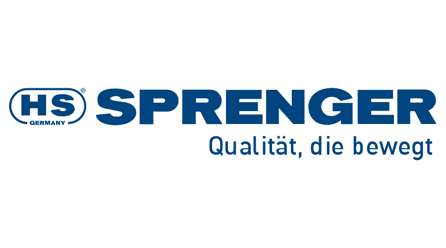 The hs sprenger logo is blue and white and says qualität , die bewegt.