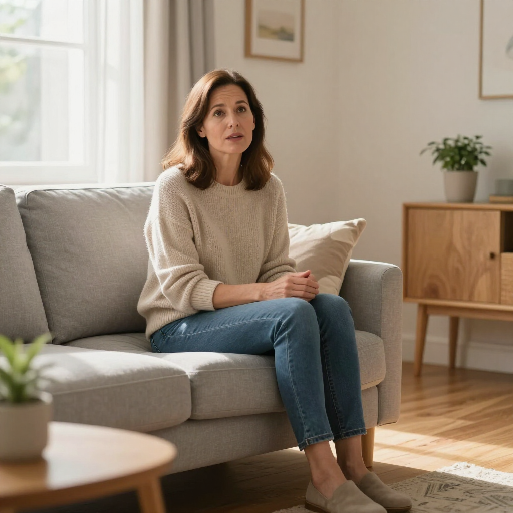 Woman sitting on a gray sofa in a bright living room, holding a cushion.