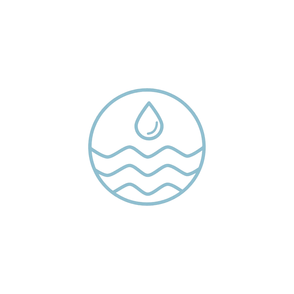 Light blue water droplet above wavy lines inside a circle on a white background