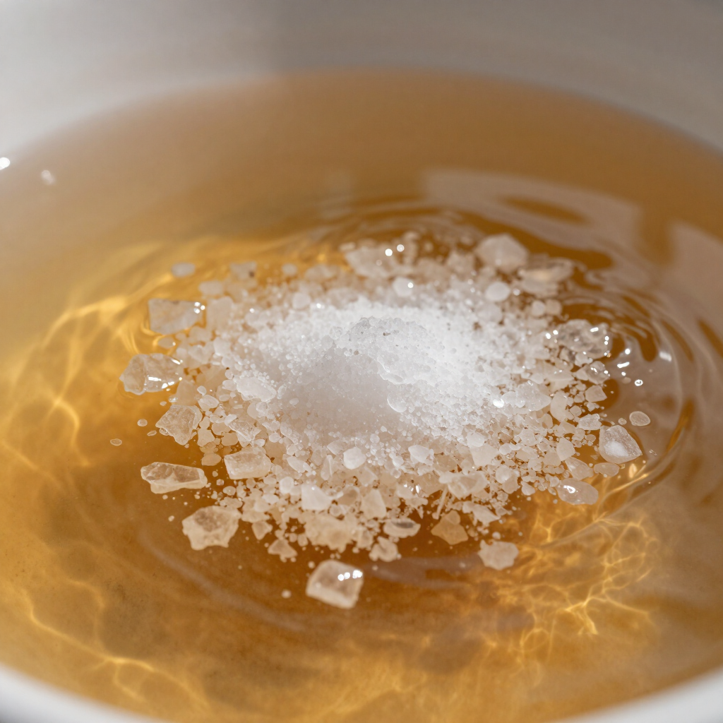 White sugar crystals piled in a golden liquid, close-up.