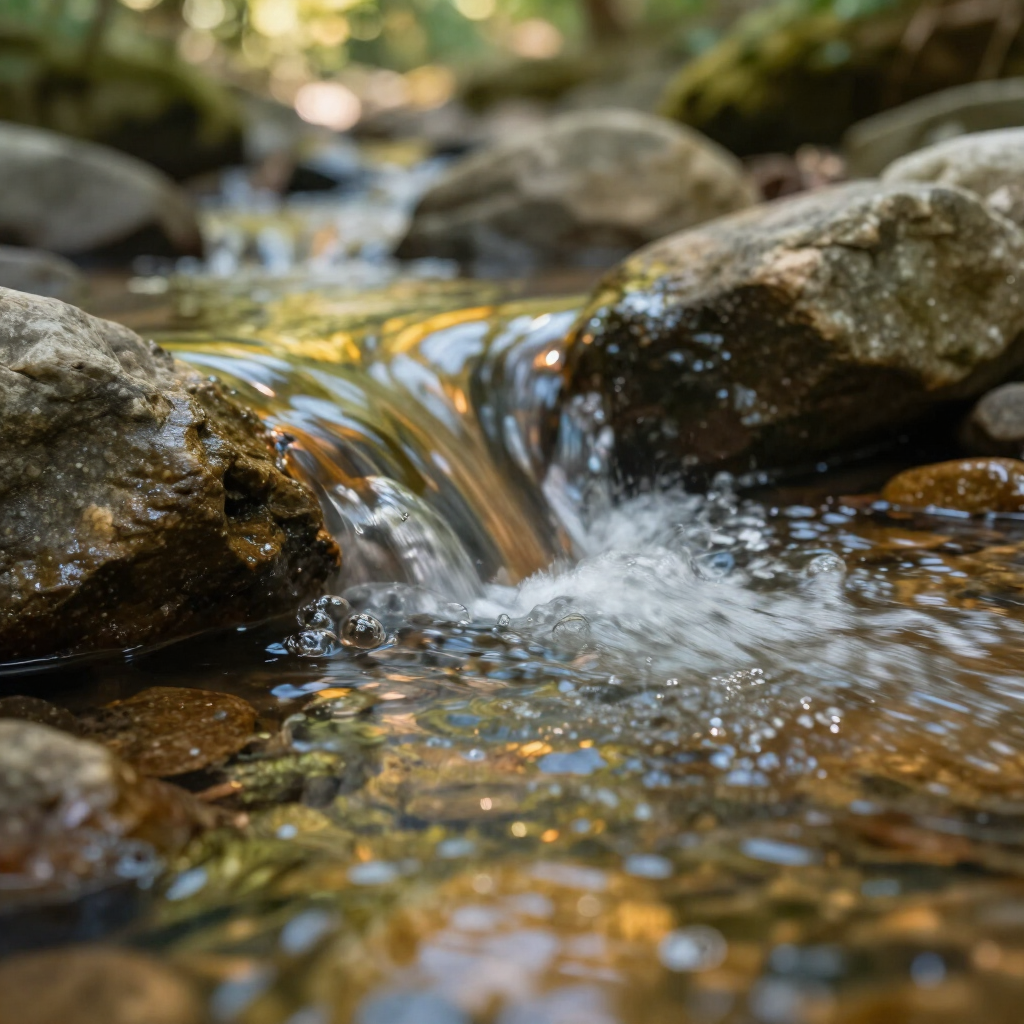 Clear stream flowing over rocks in a wooded creek, with sunlight reflecting on the water