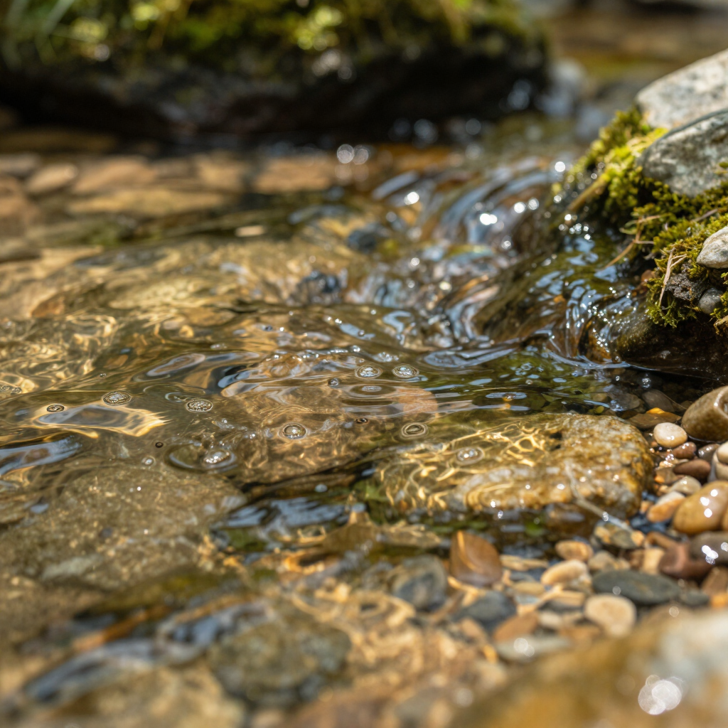 Clear stream water flowing over pebbles beside moss-covered rocks