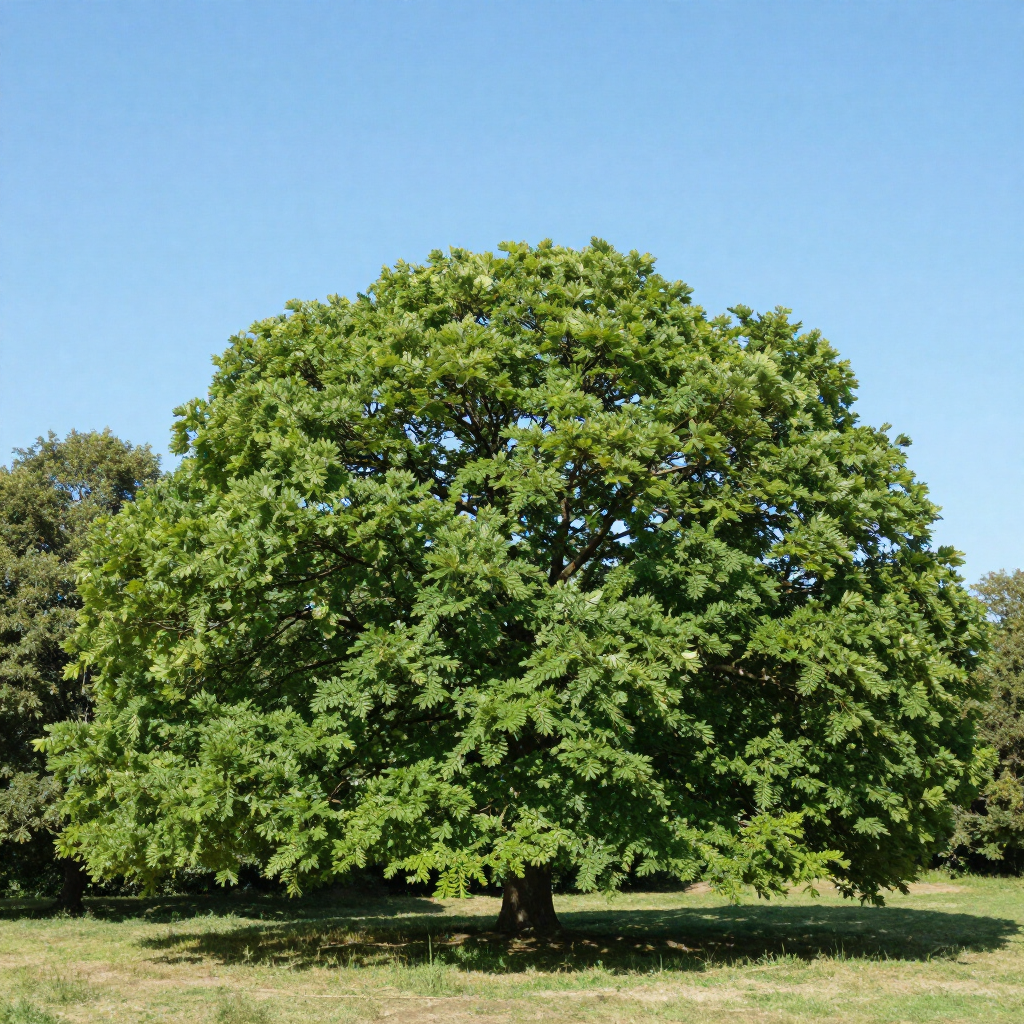 Large green tree with a broad canopy in a grassy field under a clear blue sky