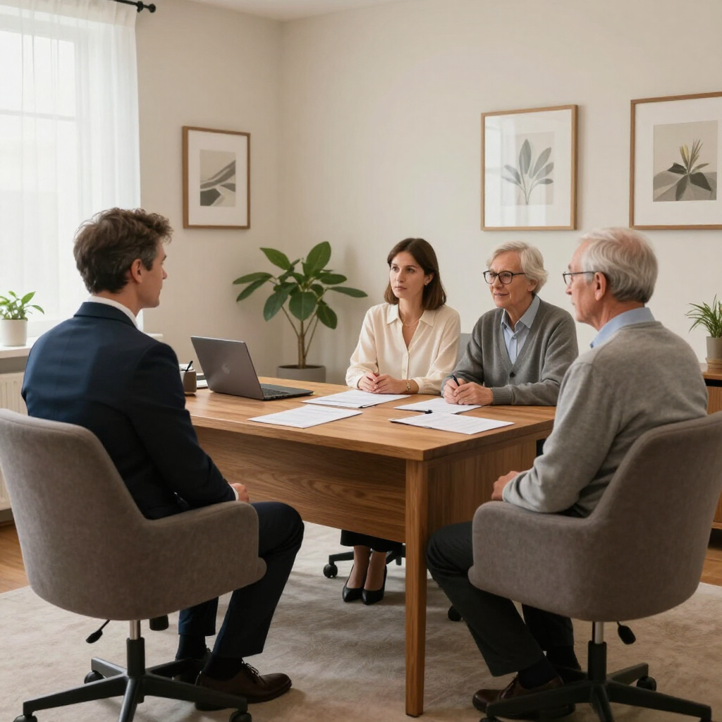Four people meeting around a wooden table in a bright office, with a laptop and papers.