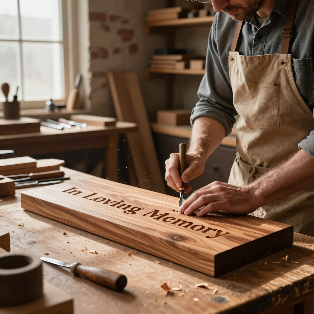 Woodworker engraving “In Loving Memory” on a wooden plaque at a workbench