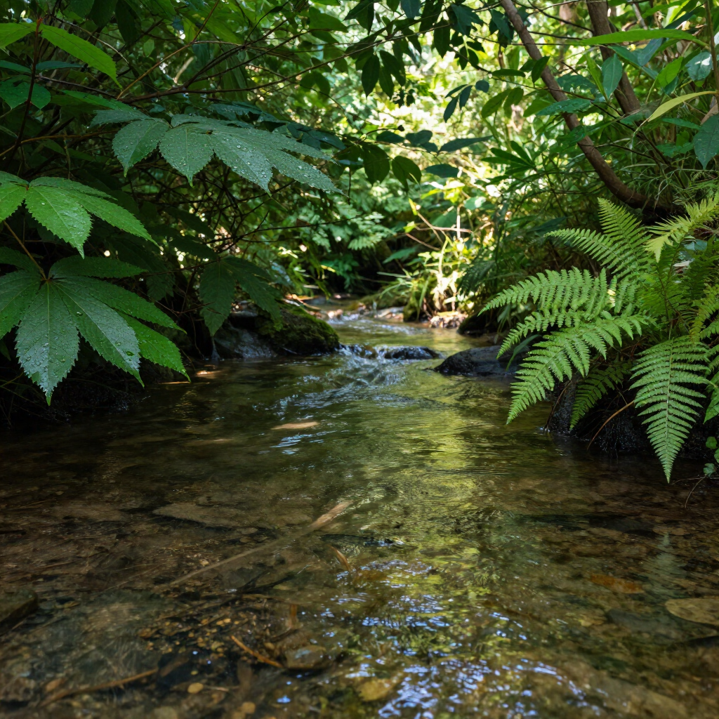 Clear stream flowing through lush green forest foliage