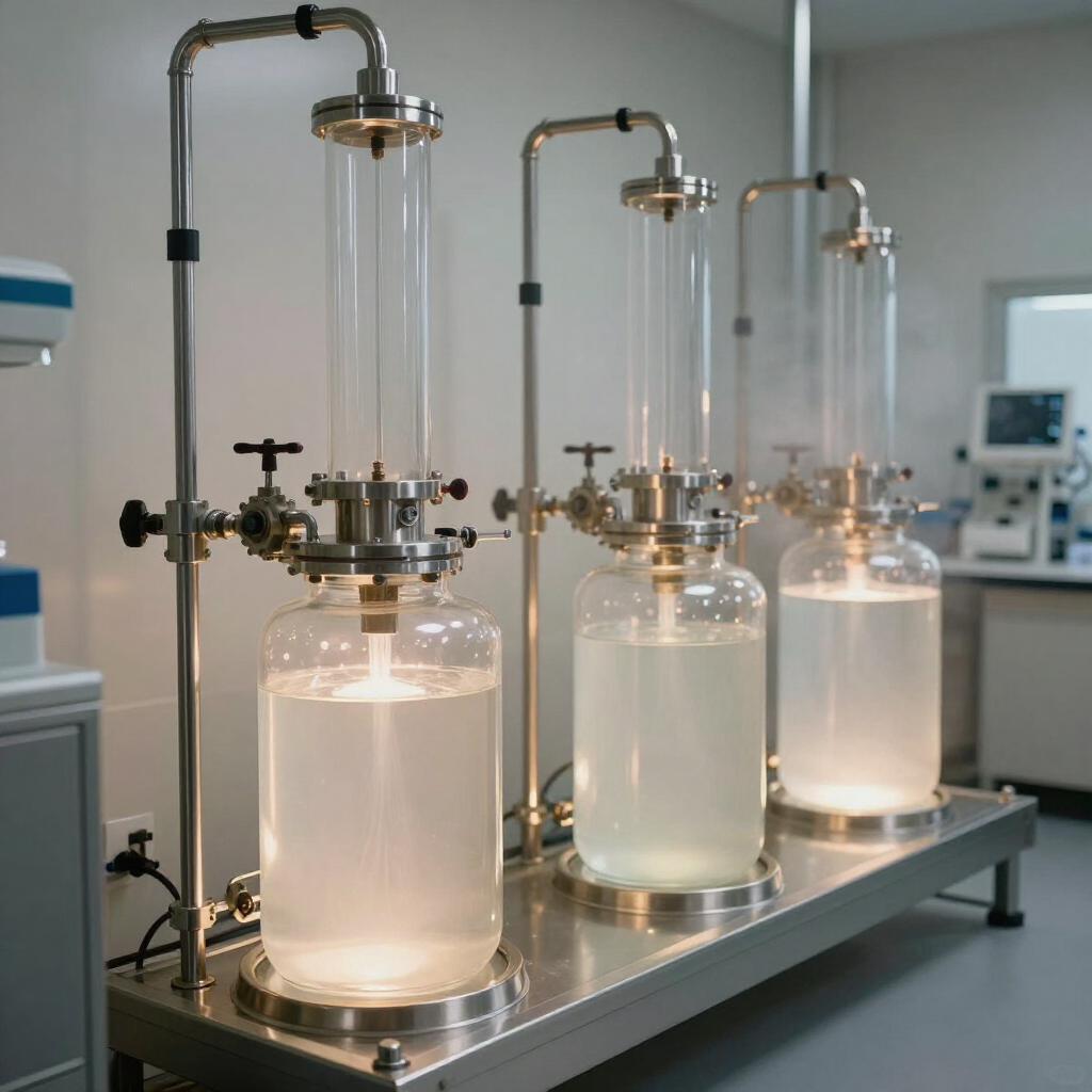 Three laboratory glass reactors on a metal bench, filled with cloudy liquid and connected by black tubing.