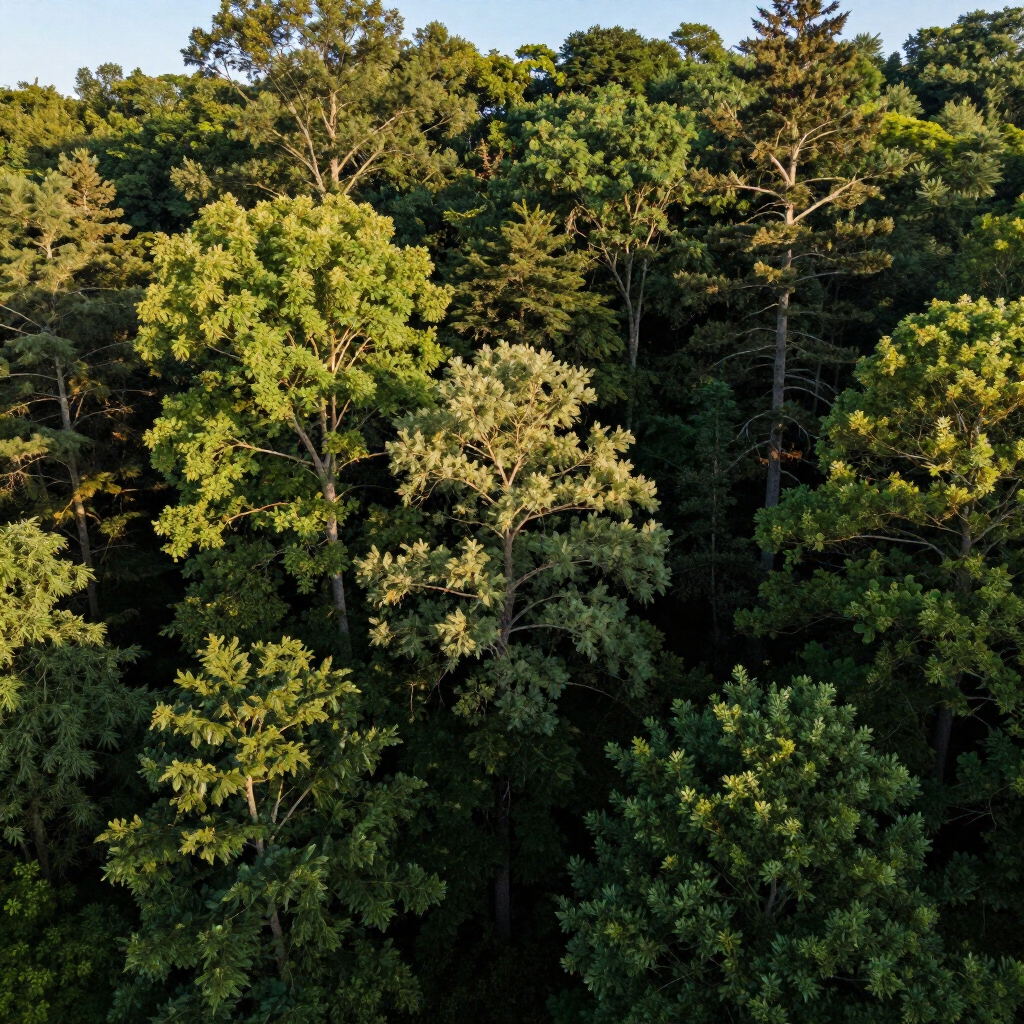 Aerial view of a dense green forest canopy in sunlight