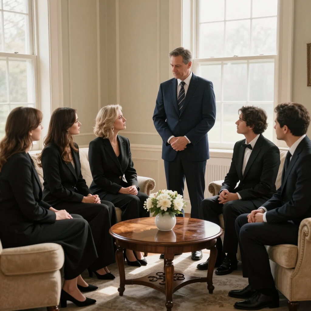 Business meeting in a bright office, with a standing man addressing five seated colleagues around a coffee table.