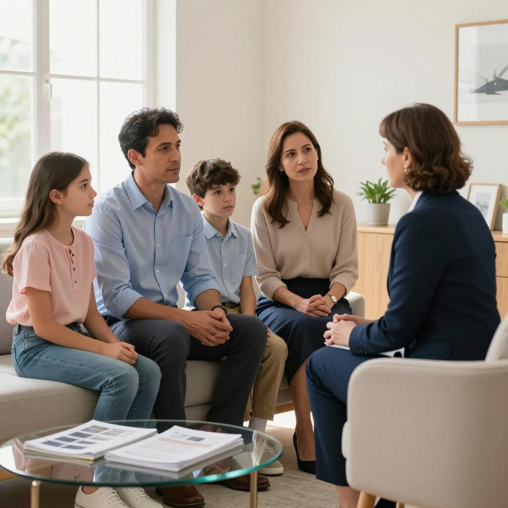 Family meeting with a counselor in a bright living room, seated in a circle and talking calmly