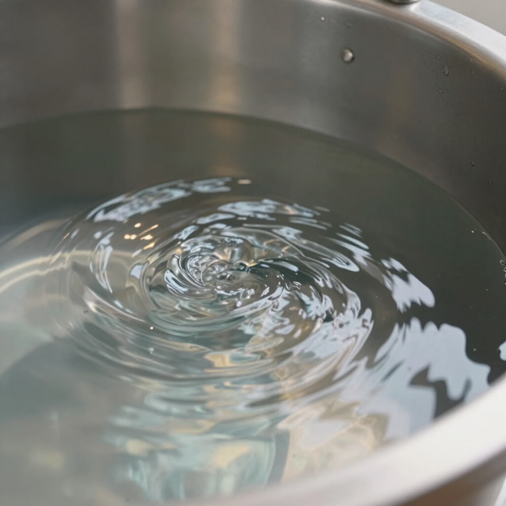 Rippling water in a stainless steel pot, with light reflections on the surface
