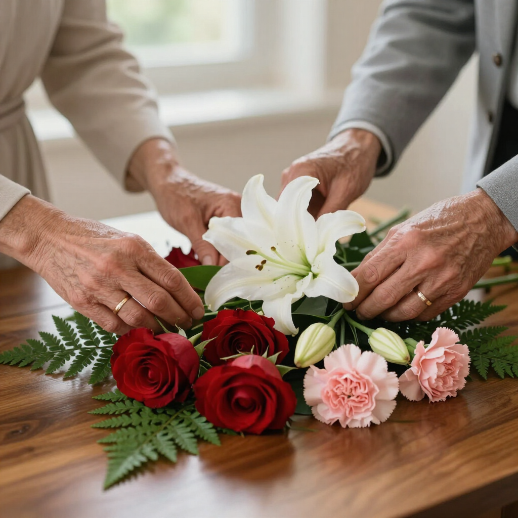 Hands arranging red, white, and pink flowers on a wooden table