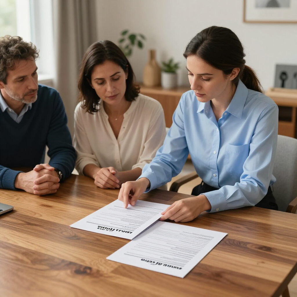 Three people reviewing documents at a wooden table in a bright office