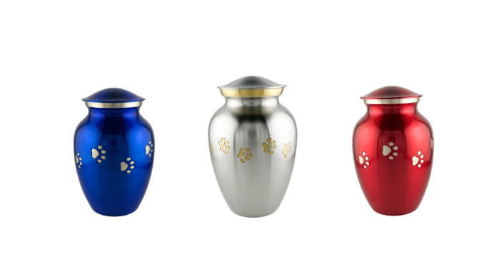 Three decorative urns in blue, white, and red, arranged side by side on a white background.
