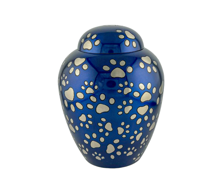 Blue urn with gold floral pattern and a rounded lid