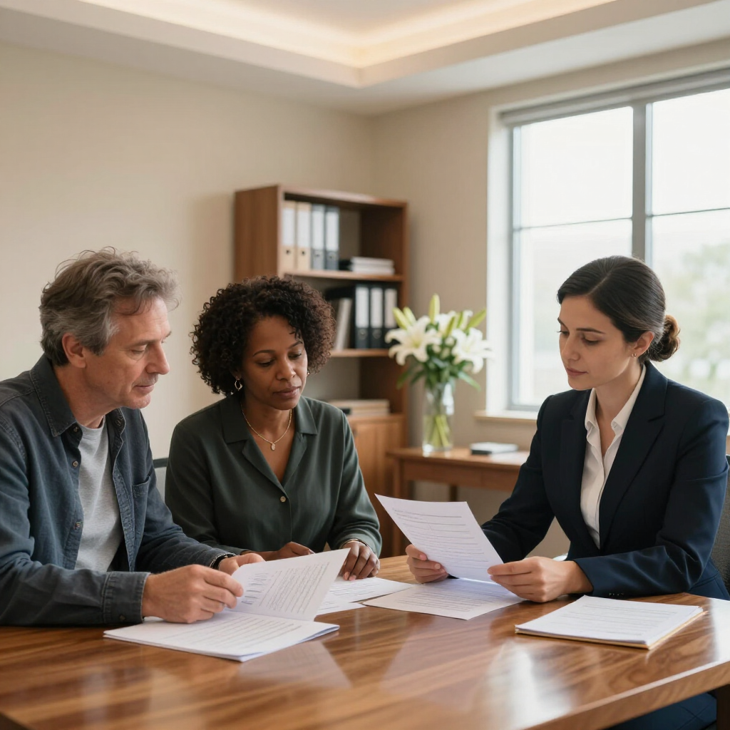 Three professionals reviewing documents at a conference table in a bright office