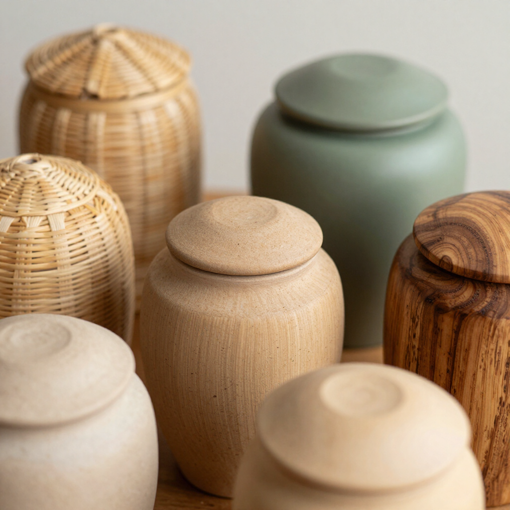 Assorted lidded ceramic and woven containers in neutral tones on a light background