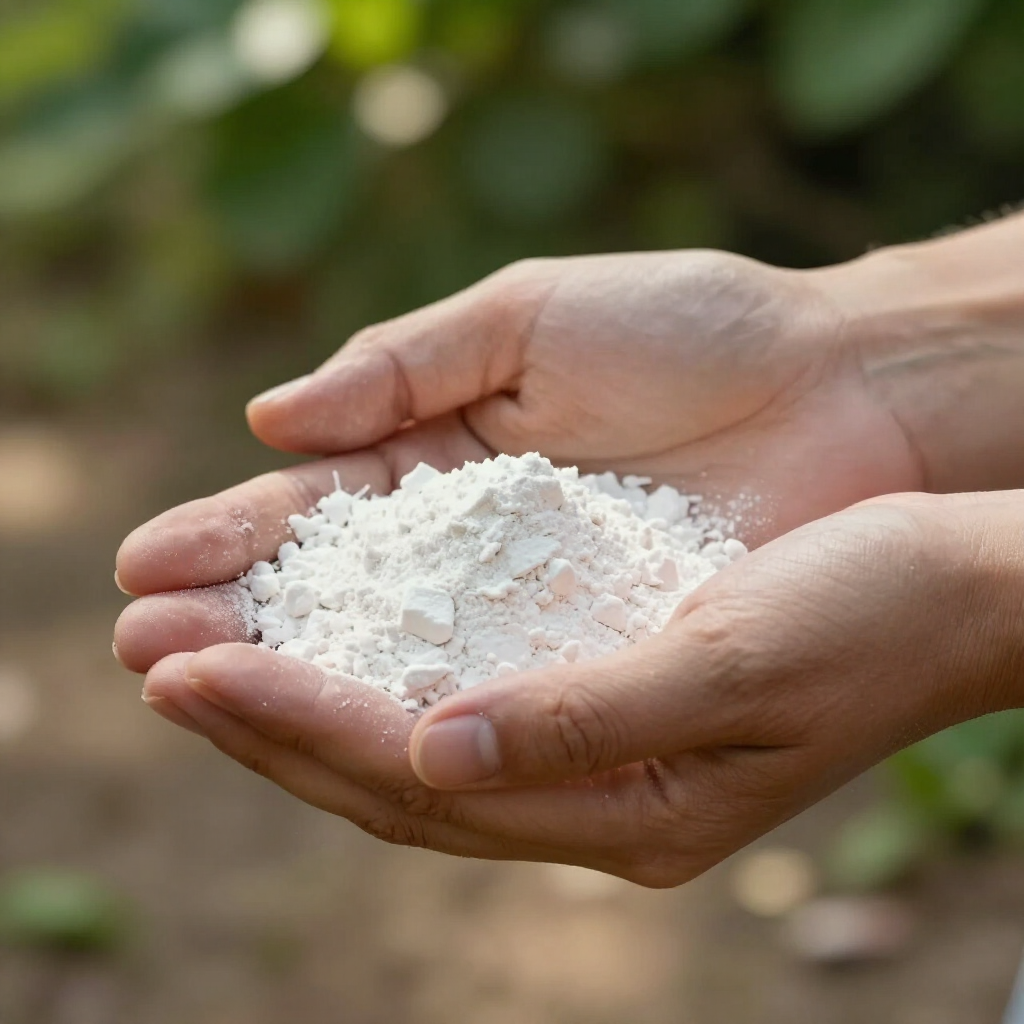 Hands holding a small mound of white powder outdoors with a blurred green background