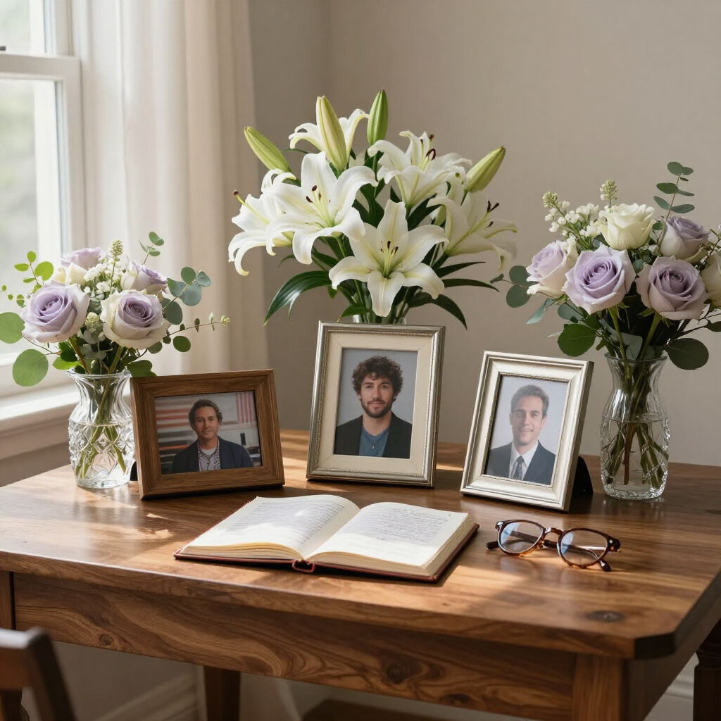 Memorial table with three framed photos, white lilies, purple flowers, open book, and eyeglasses by a window