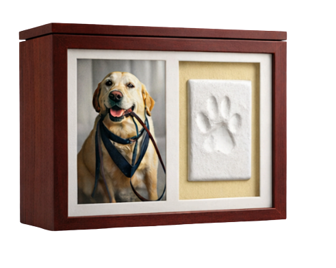 Wooden pet memorial frame with a dog photo and a white paw print impression