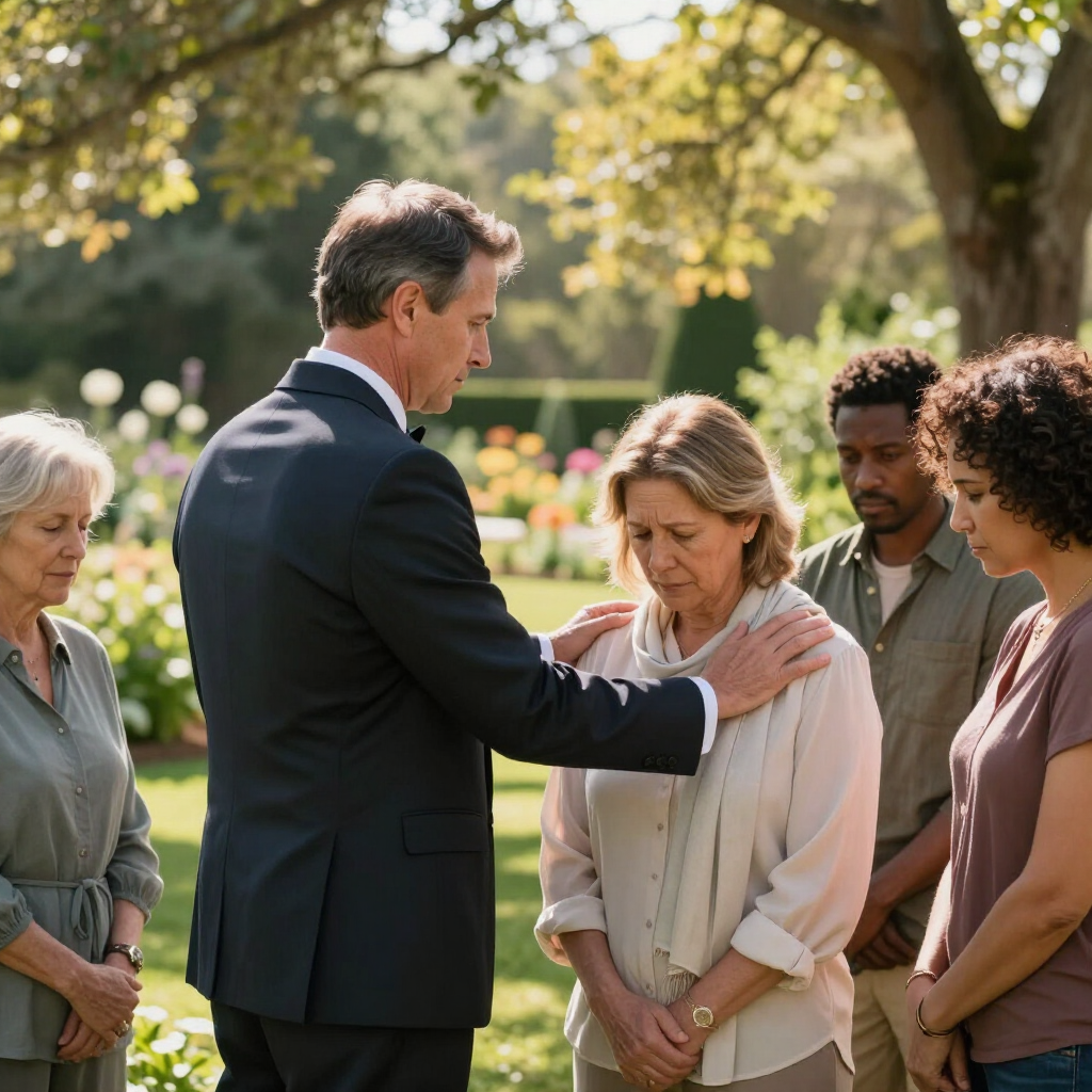 Man comforting a grieving woman outdoors beside three others in a garden setting