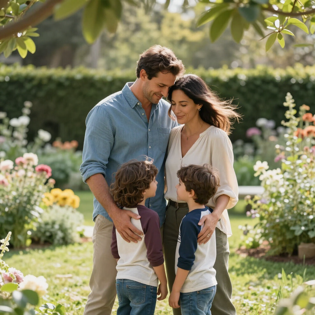 Family of four standing together in a sunny garden, smiling and embracing among flowers.