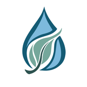 Blue and green water droplet logo with stylized leaves inside