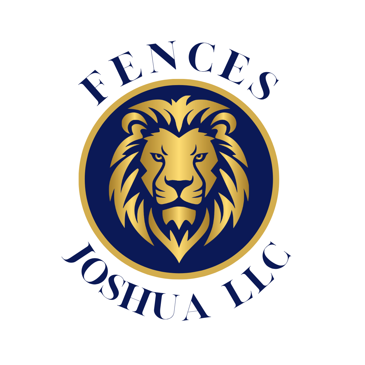 Logo: Gold lion head inside a navy blue circle with gold border, "FENCES JOSHUA LLC" in navy above and below.