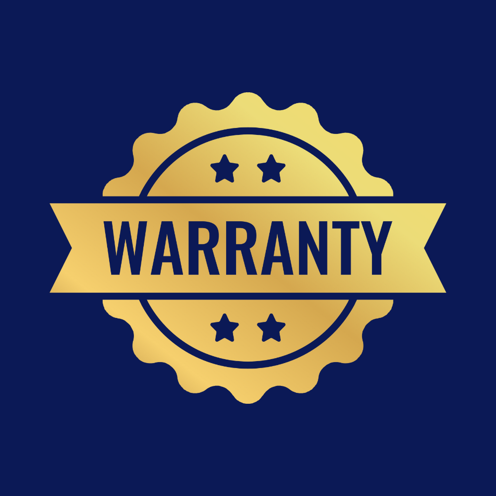 Gold warranty badge on a blue background.