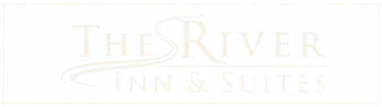 The River Inn & Suites logo in pale gold text on a white background