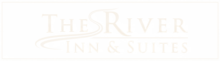 The River Inn & Suites logo in pale gold text on a white background