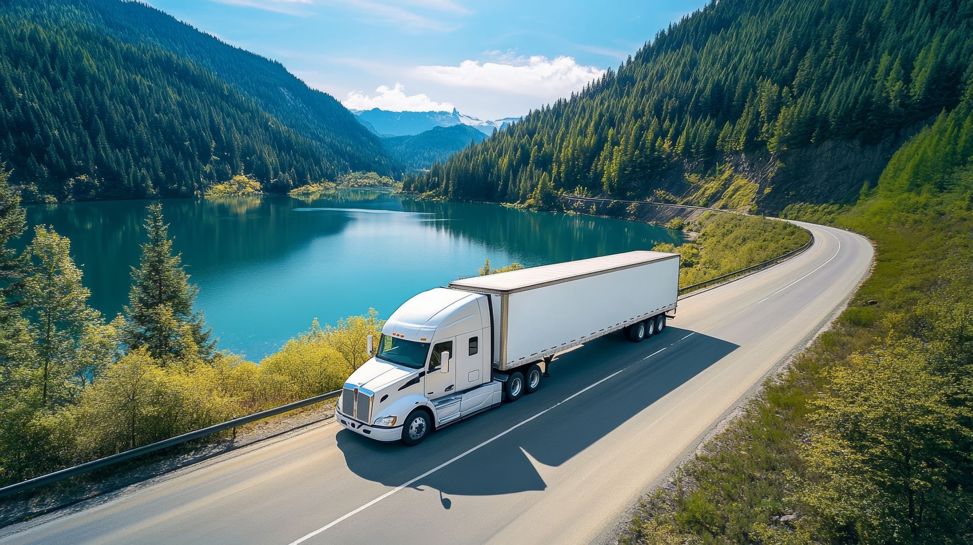 Refrigerated semi-truck traveling on highway, transporting temperature-controlled goods.