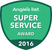 A green shield with the words `` angie 's list super service award '' written on it.