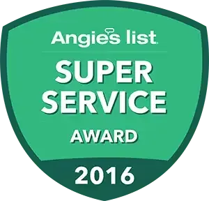 A green shield with the words `` angie 's list super service award '' written on it.
