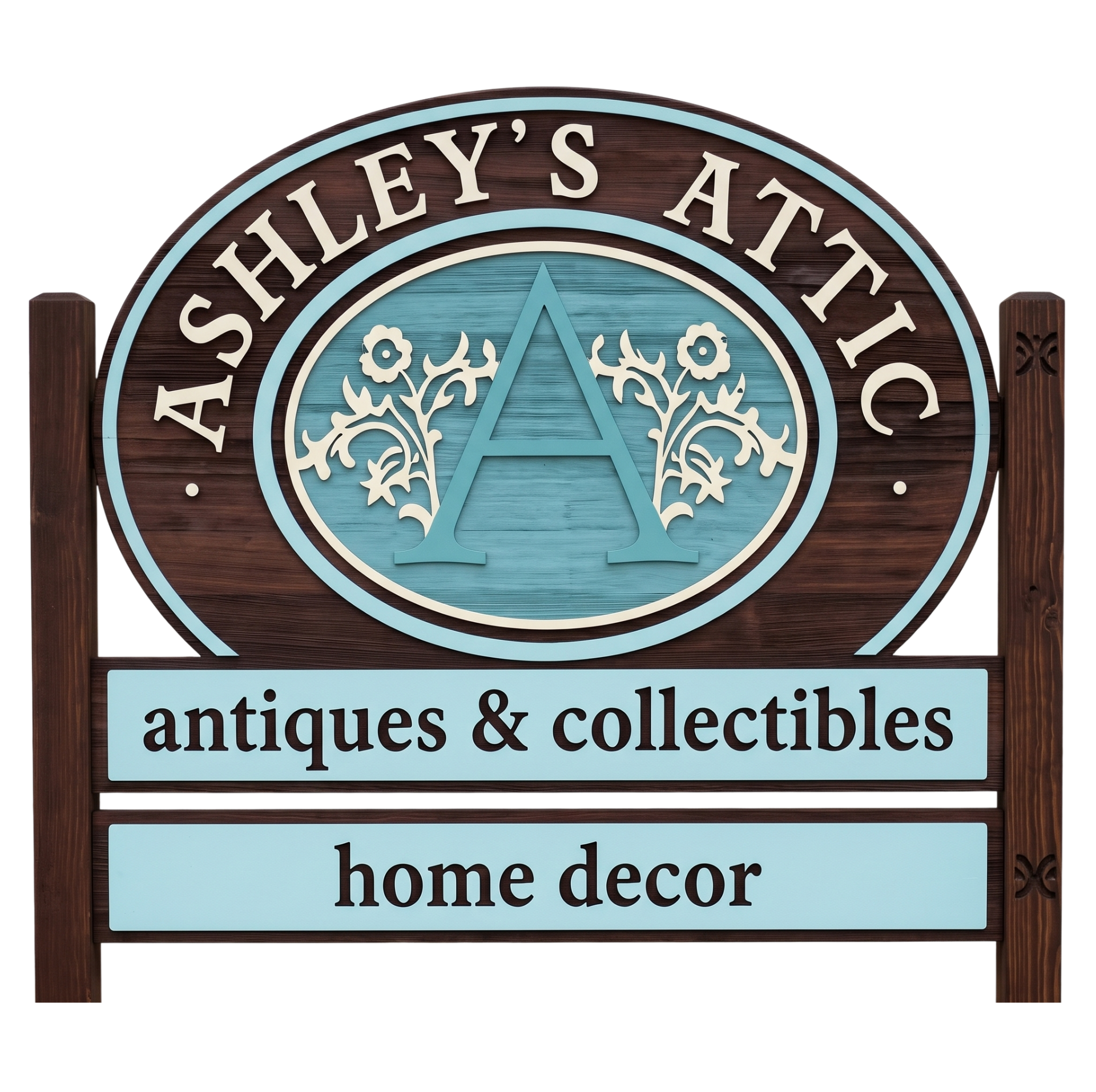 Ashley’s Attic sign with teal accents, reading “antiques & collectibles” and “home decor”