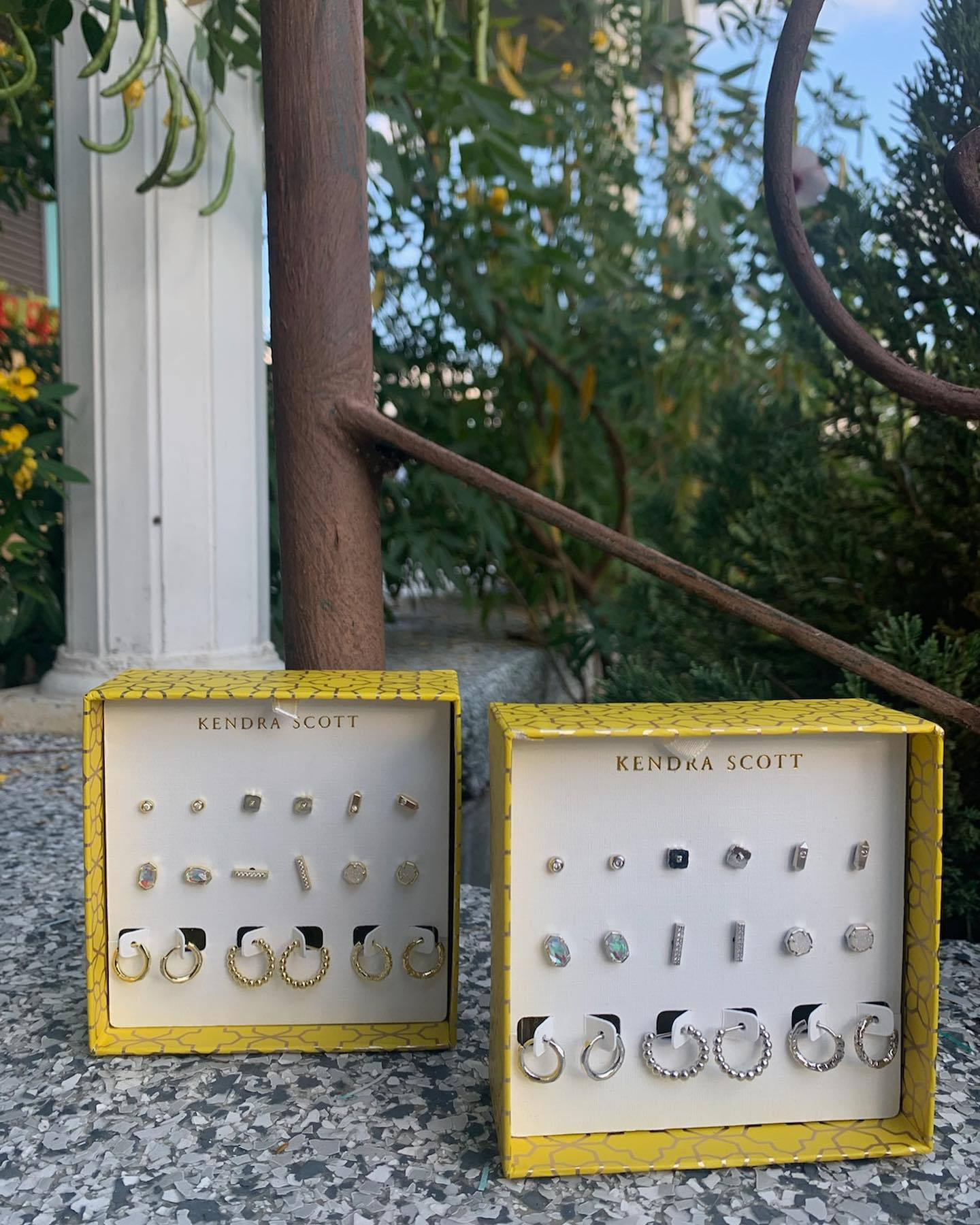 Two gold-framed display cases with assorted rings and jewelry outdoors by a tree.