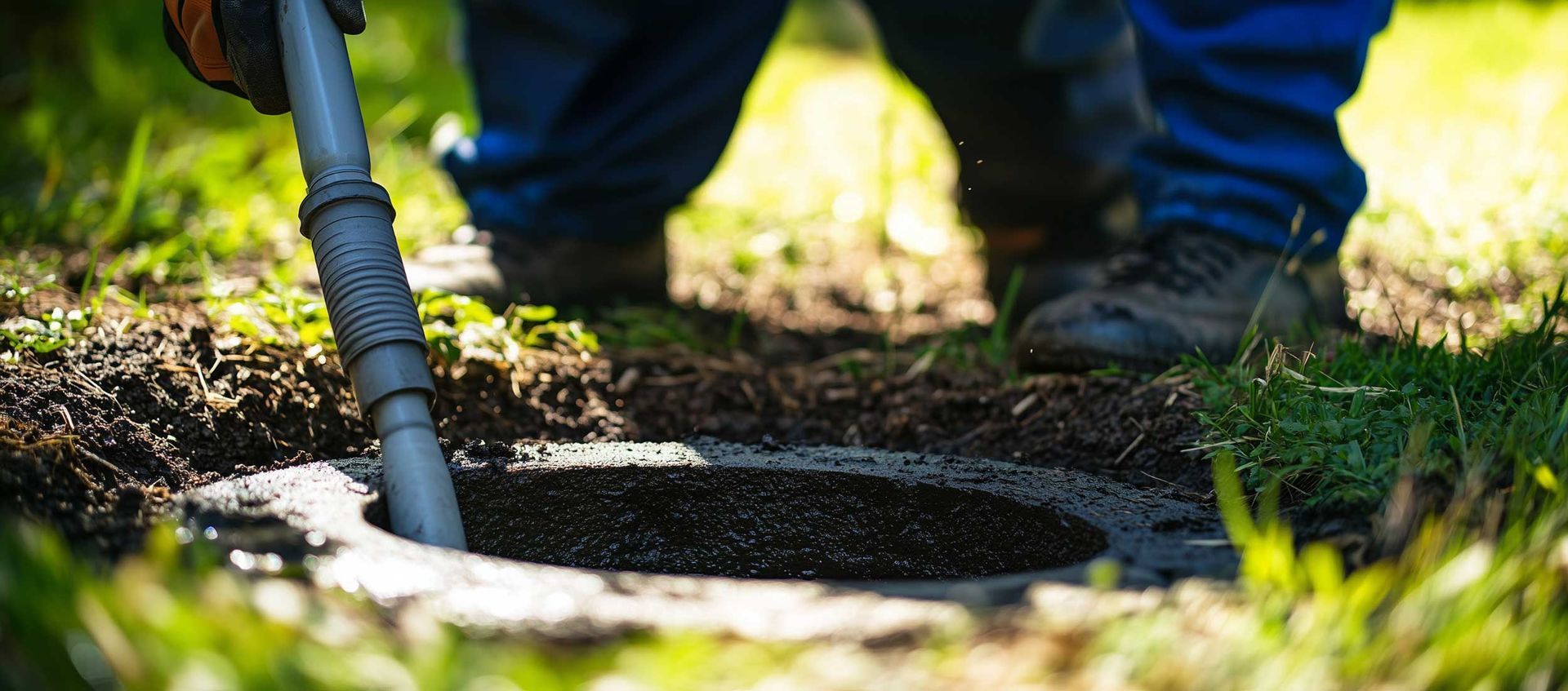 Septic tank technician pumping and cleaning a residential septic system with professional equipment. Septic tank technician pumping and cleaning a residential septic system with professional equipment.