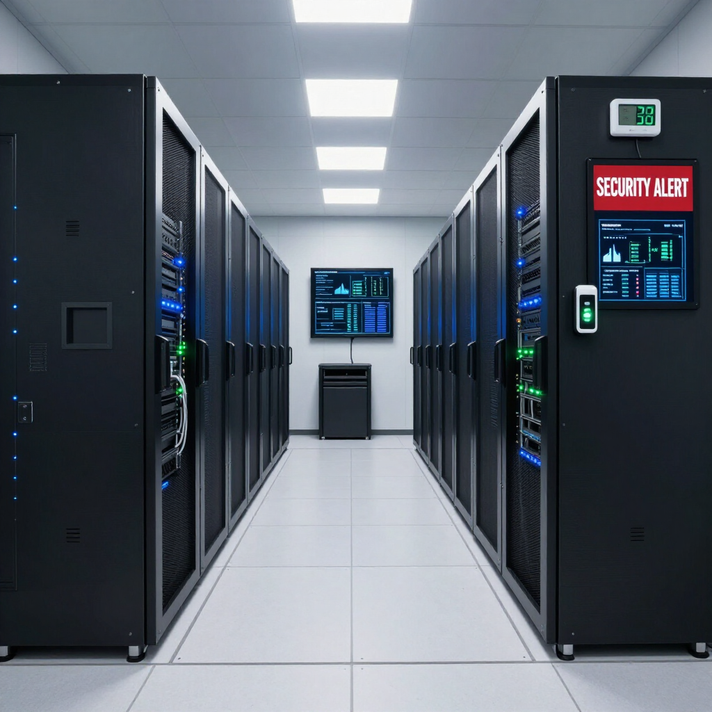 Server room aisle with black racks, blue-lit screens, and a red security alert sign